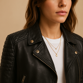 Black faux leather jacket for women with collar, sleek tailoring, and classic zip design, perfect for casual or formal outfits year-round.