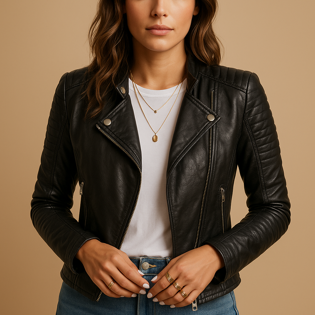 Black faux leather jacket for women with collar, sleek tailoring, and classic zip design, perfect for casual or formal outfits year-round.