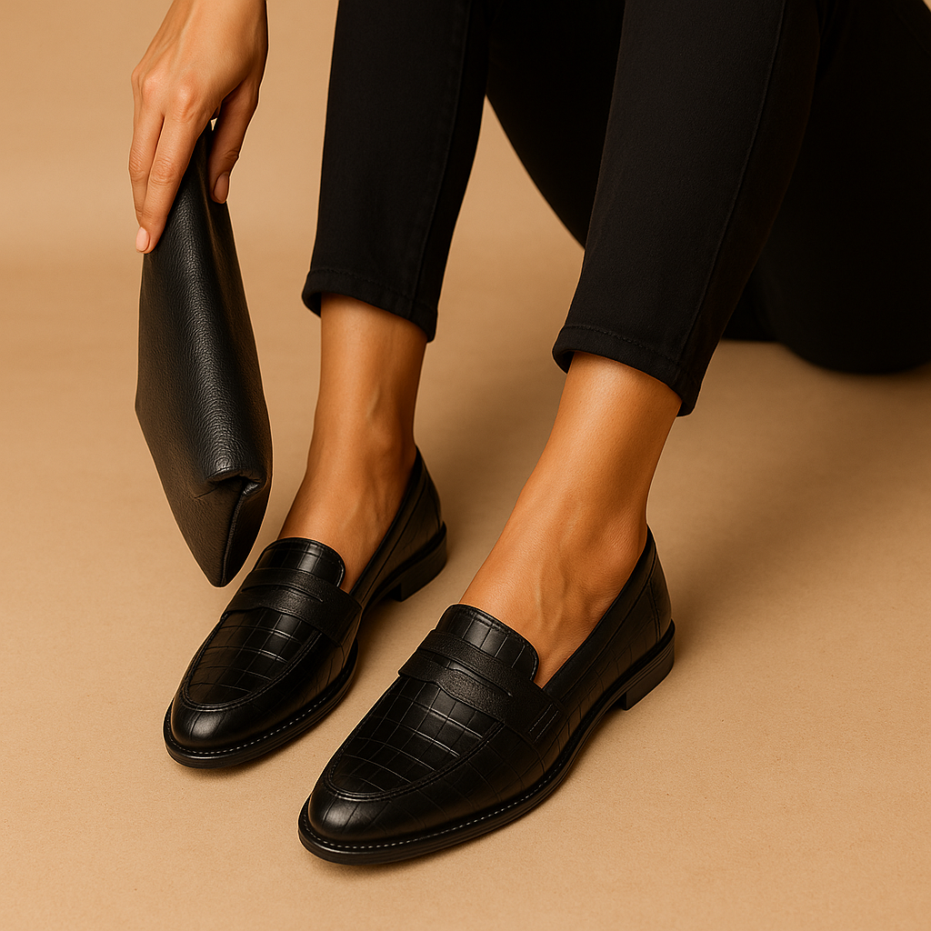 Hazel elegant black slip-on shoes for women with cushioned insole and timeless finish, ideal for work, dinners, and special occasions.