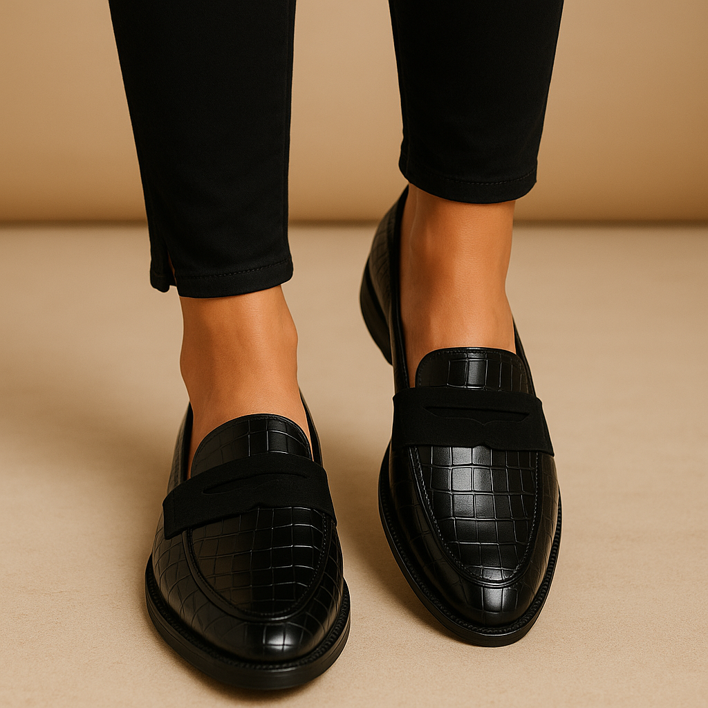 Hazel elegant black slip-on shoes for women with cushioned insole and timeless finish, ideal for work, dinners, and special occasions.