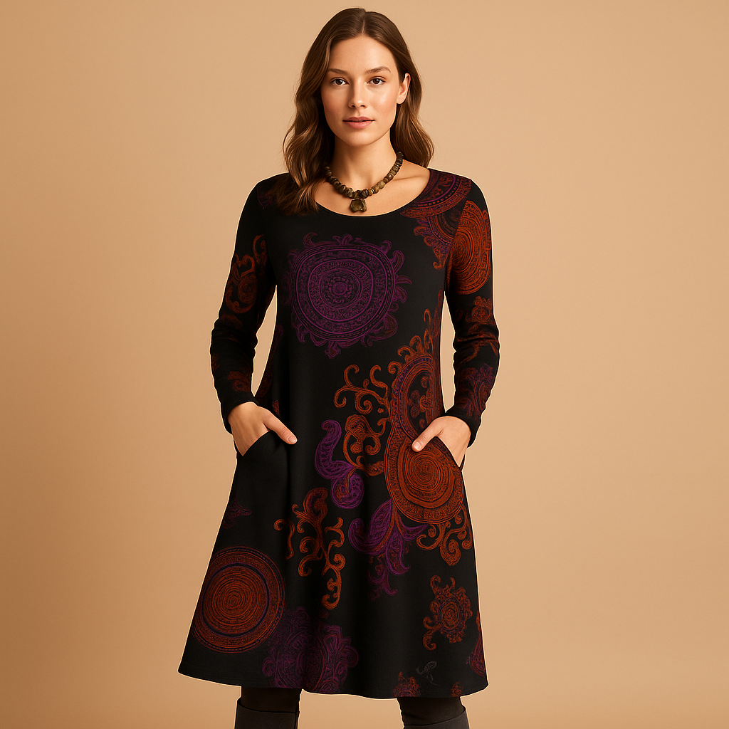 Bohemian maxi dress for women in red with long sleeves, relaxed fit, and side pockets – ideal for casual days and laid-back evenings.