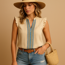 Bohemian sleeveless top for women with artistic print and relaxed fit, perfect for spring and summer outfits or festival style.