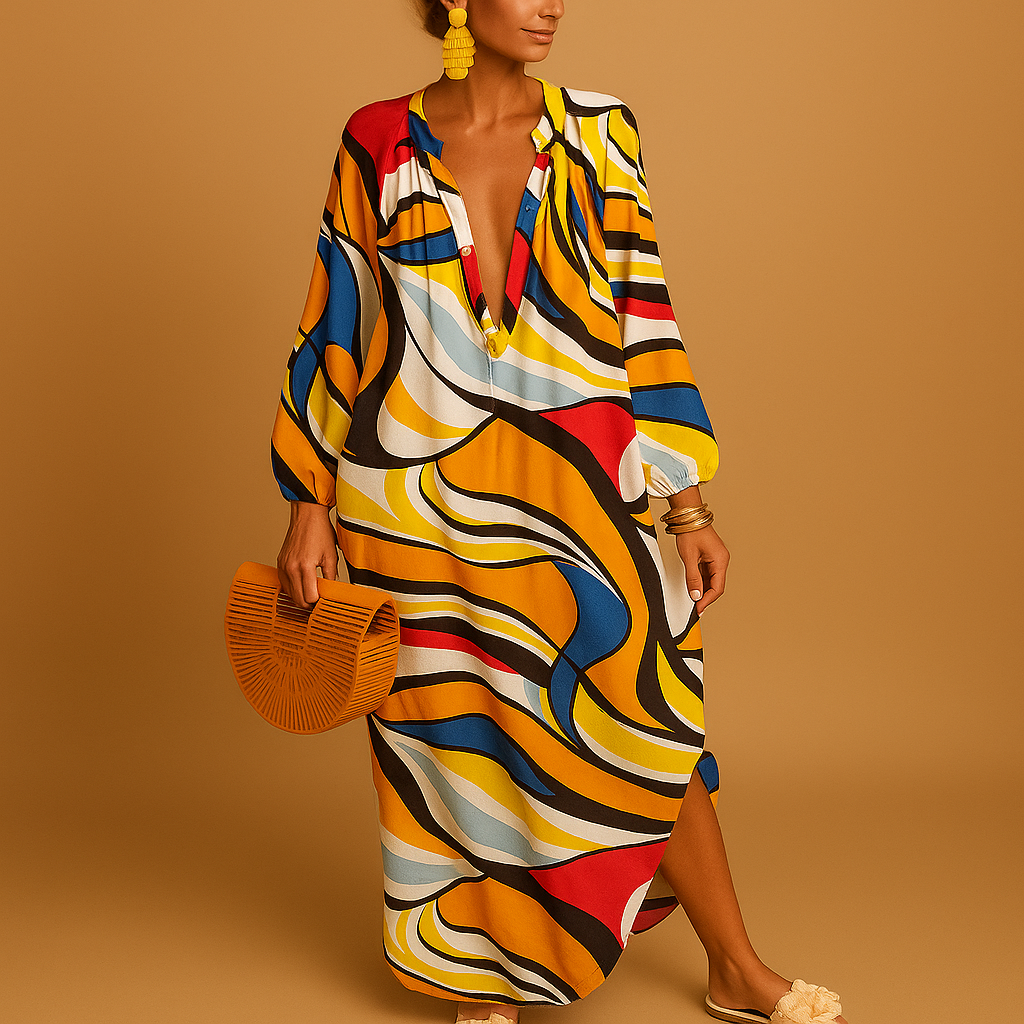 Boho maxi dress for women with long sleeves, lightweight fabric and relaxed fit, perfect for casual summer looks, beach days, and festivals.