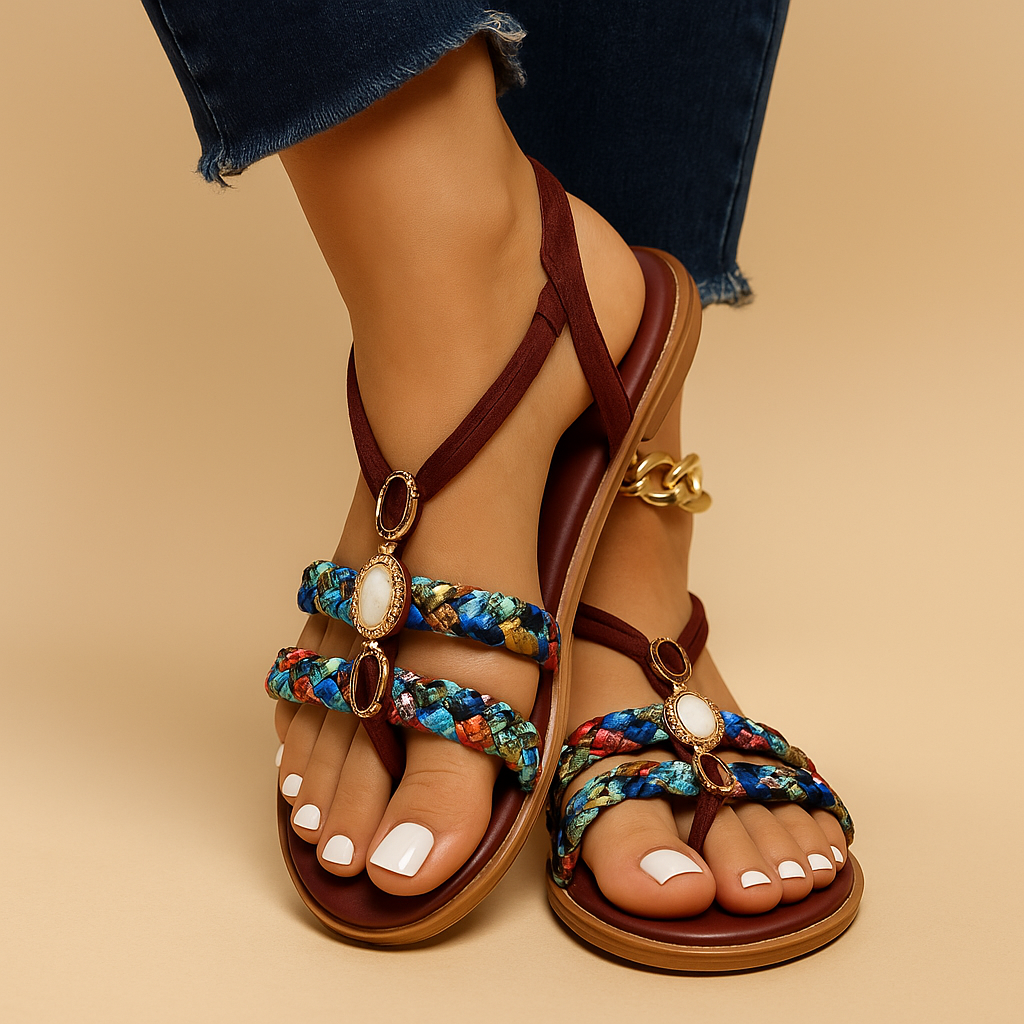 Lila boho pearl detail sandals with breathable design and flexible sole, perfect for summer outings and casual wear.
