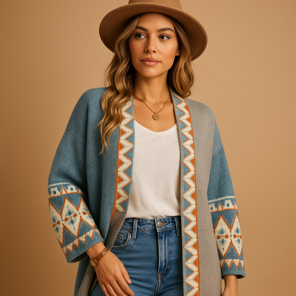 Bohemian-style wool-blend women’s cardigan with colorful jacquard pattern, ideal for layering over casual fall and winter outfits.