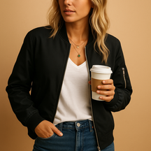 Women’s bomber jacket with ribbed cuffs, zip-up design, and slim fit for casual and stylish everyday wear.