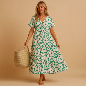 Lightweight summer dress for women with short sleeves, ideal for warm weather and casual outings like beach days and garden parties.