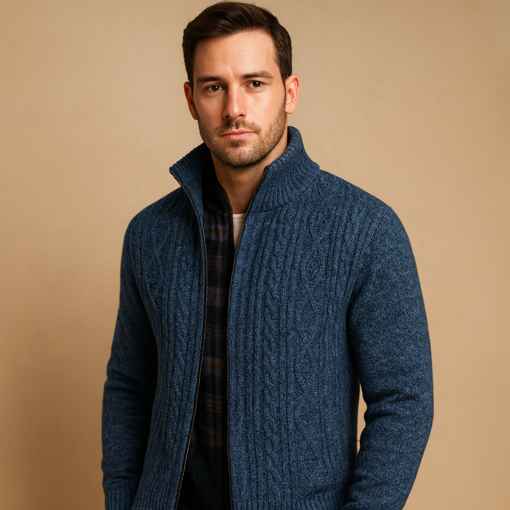 Men’s cable knit sweater with plaid inner lining, soft durable fabric, and timeless design for both casual and formal occasions.