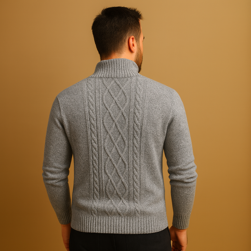Men’s cable knit sweater with plaid inner lining, soft durable fabric, and timeless design for both casual and formal occasions.