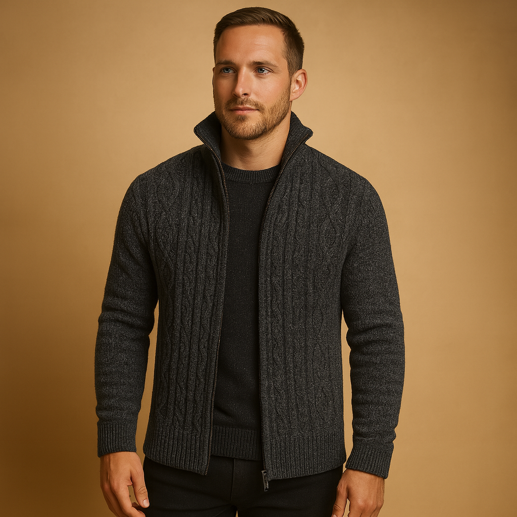 Men’s cable knit sweater with plaid inner lining, soft durable fabric, and timeless design for both casual and formal occasions.