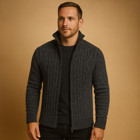 Men’s cable knit sweater with plaid inner lining, soft durable fabric, and timeless design for both casual and formal occasions.