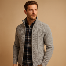 Men’s cable knit sweater with plaid inner lining, soft durable fabric, and timeless design for both casual and formal occasions.