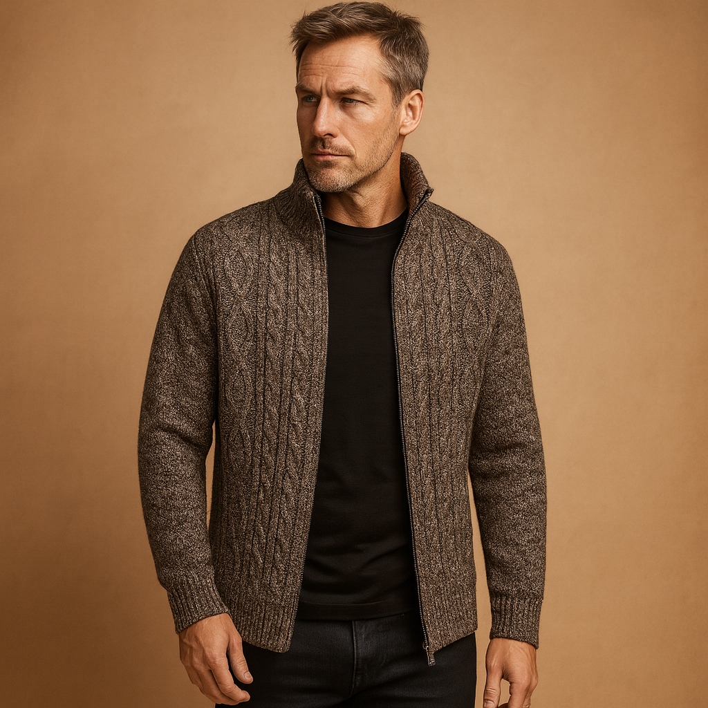 Men’s cable knit sweater with plaid inner lining, soft durable fabric, and timeless design for both casual and formal occasions.