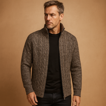 Men’s cable knit sweater with plaid inner lining, soft durable fabric, and timeless design for both casual and formal occasions.