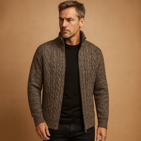 Men’s cable knit sweater with plaid inner lining, soft durable fabric, and timeless design for both casual and formal occasions.