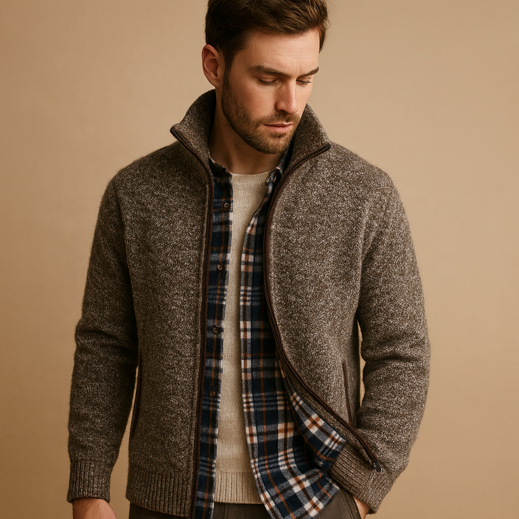 Men’s cable knit sweater with plaid inner lining, soft durable fabric, and timeless design for both casual and formal occasions.