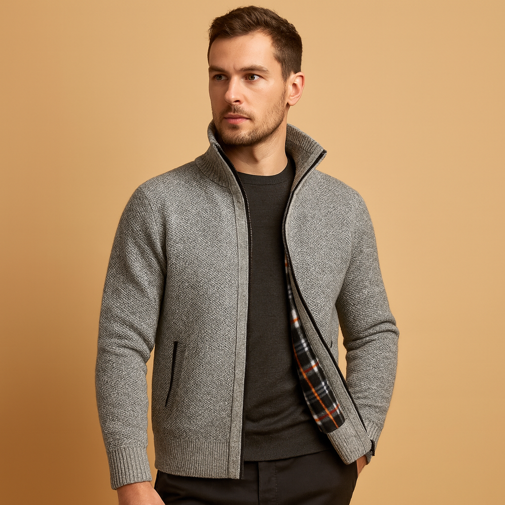 Men’s cable knit sweater with plaid inner lining, soft durable fabric, and timeless design for both casual and formal occasions.