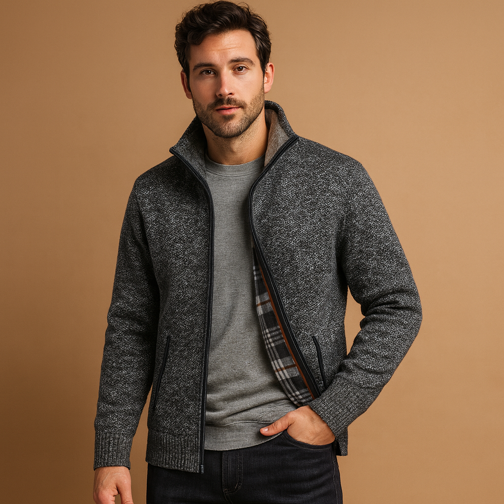 Men’s cable knit sweater with plaid inner lining, soft durable fabric, and timeless design for both casual and formal occasions.