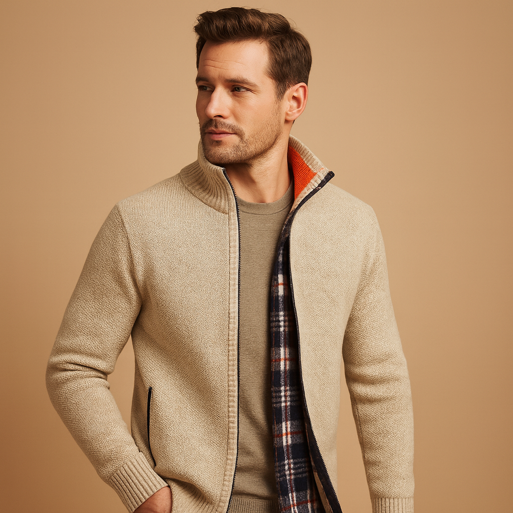Men’s cable knit sweater with plaid inner lining, soft durable fabric, and timeless design for both casual and formal occasions.