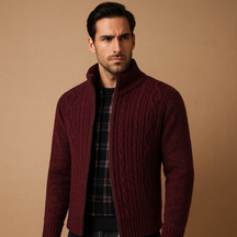 Men’s cable knit sweater with plaid inner lining, soft durable fabric, and timeless design for both casual and formal occasions.