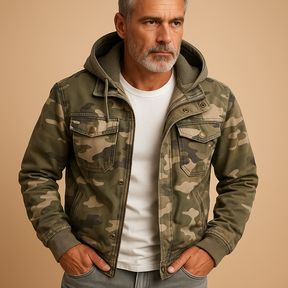 Men’s camouflage waterproof jacket with adjustable cuffs and deep pockets, ideal for outdoor adventures and daily wear.