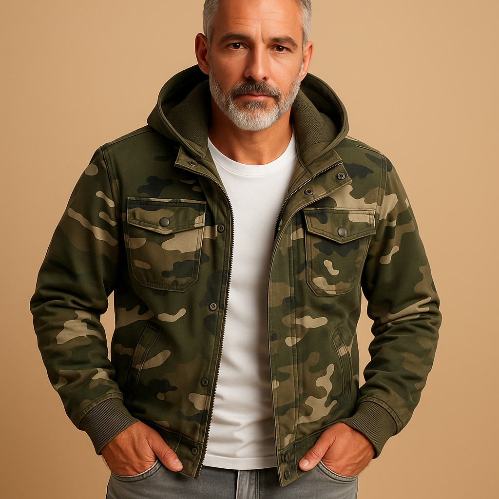 Men’s camouflage waterproof jacket with adjustable cuffs and deep pockets, ideal for outdoor adventures and daily wear.