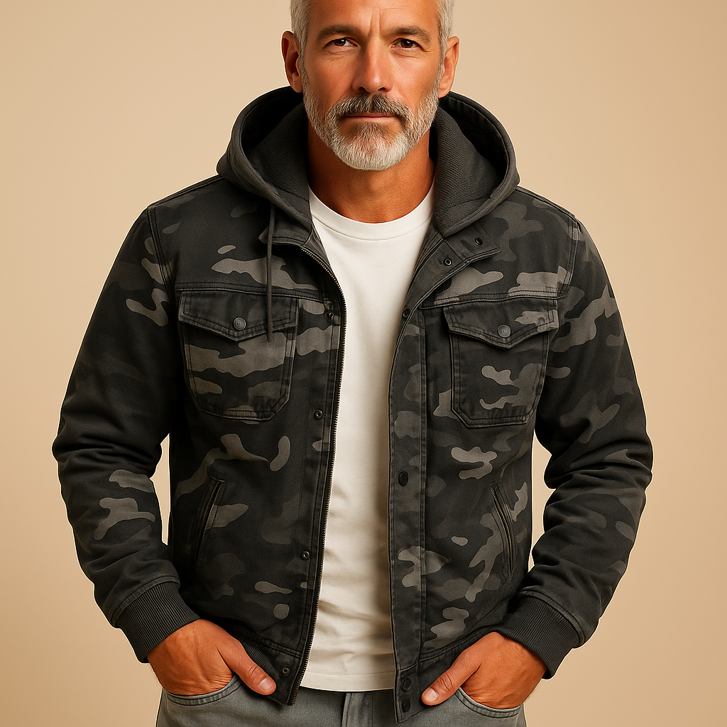 Men’s camouflage waterproof jacket with adjustable cuffs and deep pockets, ideal for outdoor adventures and daily wear.