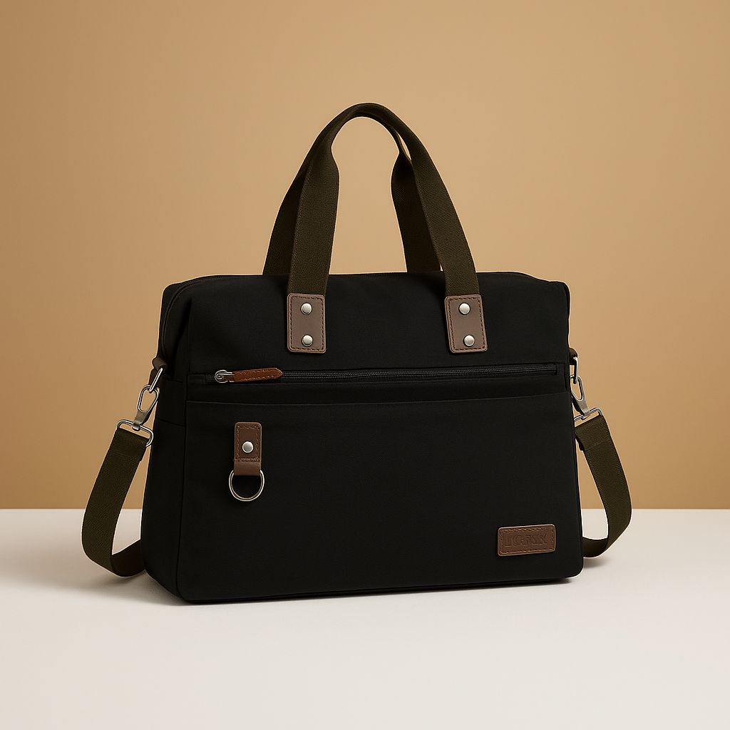Canvas shoulder commuter bag for men with water-resistant fabric, padded gadget storage, anti-theft zippers, and adjustable strap for daily use.