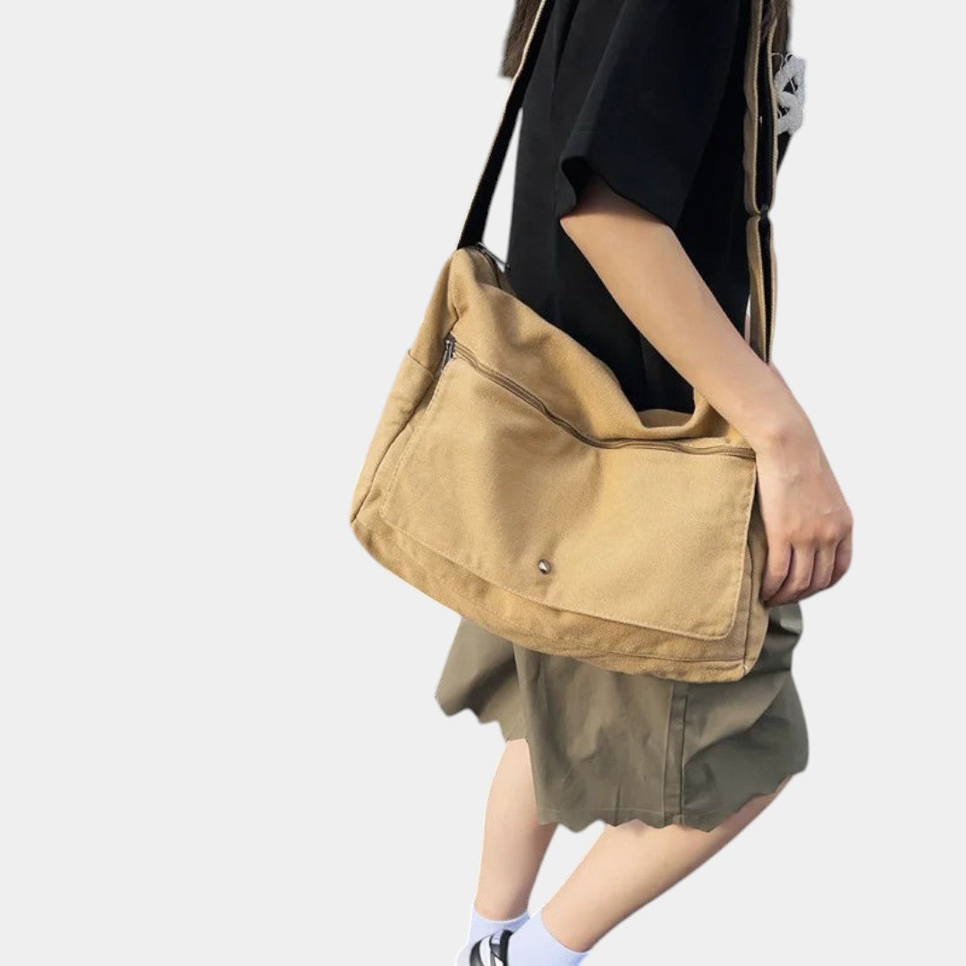 Women’s canvas shoulder bag with adjustable strap, spacious compartments, and minimalist design for daily use