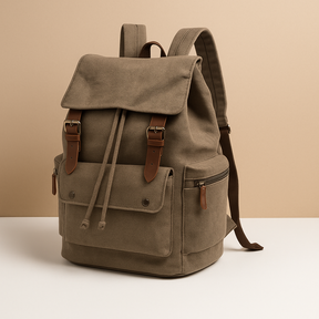Men’s canvas travel backpack with padded laptop sleeve, drawstring closure, and multiple compartments, perfect for commuting and adventures.