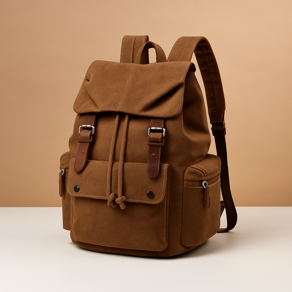 Men’s canvas travel backpack with padded laptop sleeve, drawstring closure, and multiple compartments, perfect for commuting and adventures.