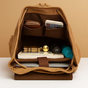 Men’s canvas travel backpack with padded laptop sleeve, drawstring closure, and multiple compartments, perfect for commuting and adventures.
