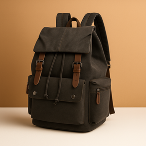 Men’s canvas travel backpack with padded laptop sleeve, drawstring closure, and multiple compartments, perfect for commuting and adventures.