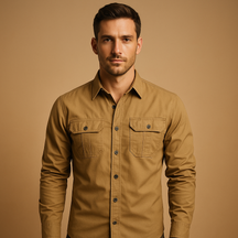 Casual cotton cargo shirt for men with relaxed fit and functional pockets, ideal for outdoor activities and everyday casual style.