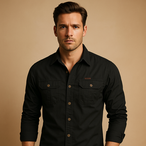 Casual cotton cargo shirt for men with relaxed fit and functional pockets, ideal for outdoor activities and everyday casual style.