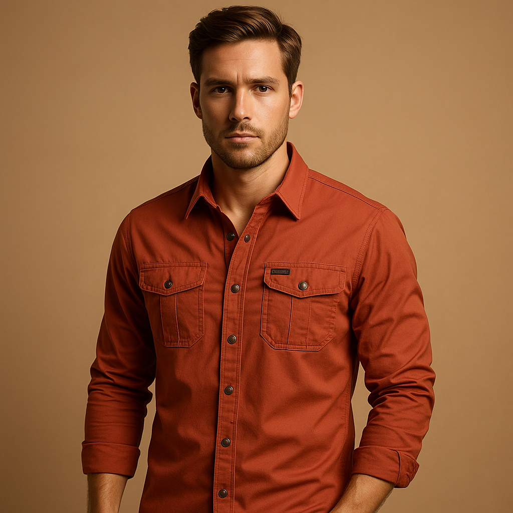 Casual cotton cargo shirt for men with relaxed fit and functional pockets, ideal for outdoor activities and everyday casual style.