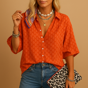 Casual elegant blouse for women with flattering feminine fit, ideal for spring and summer looks, brunches, and holiday outfits.