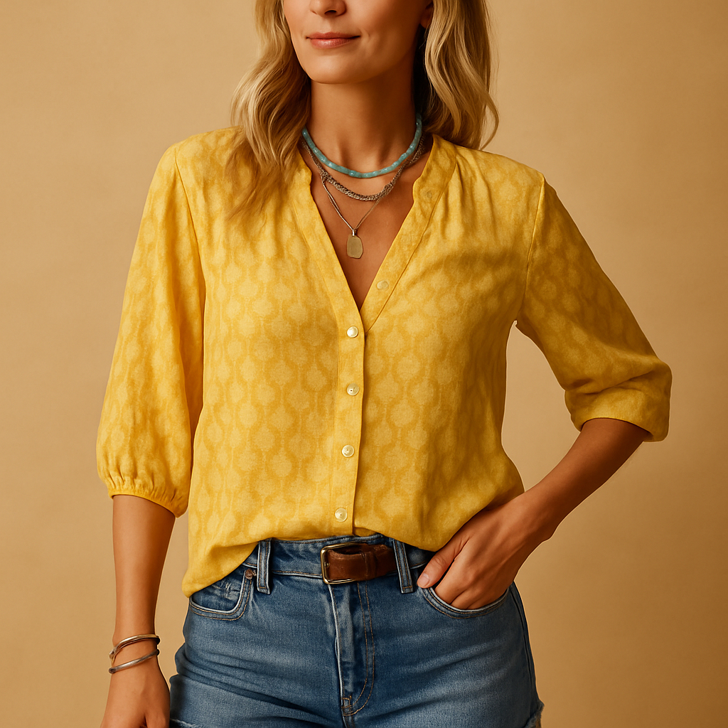 Casual elegant blouse for women with flattering feminine fit, ideal for spring and summer looks, brunches, and holiday outfits.