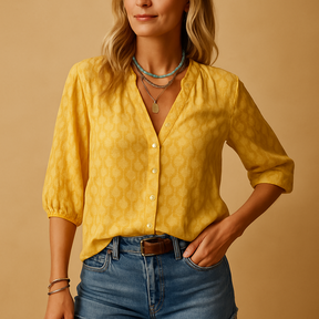 Casual elegant blouse for women with flattering feminine fit, ideal for spring and summer looks, brunches, and holiday outfits.