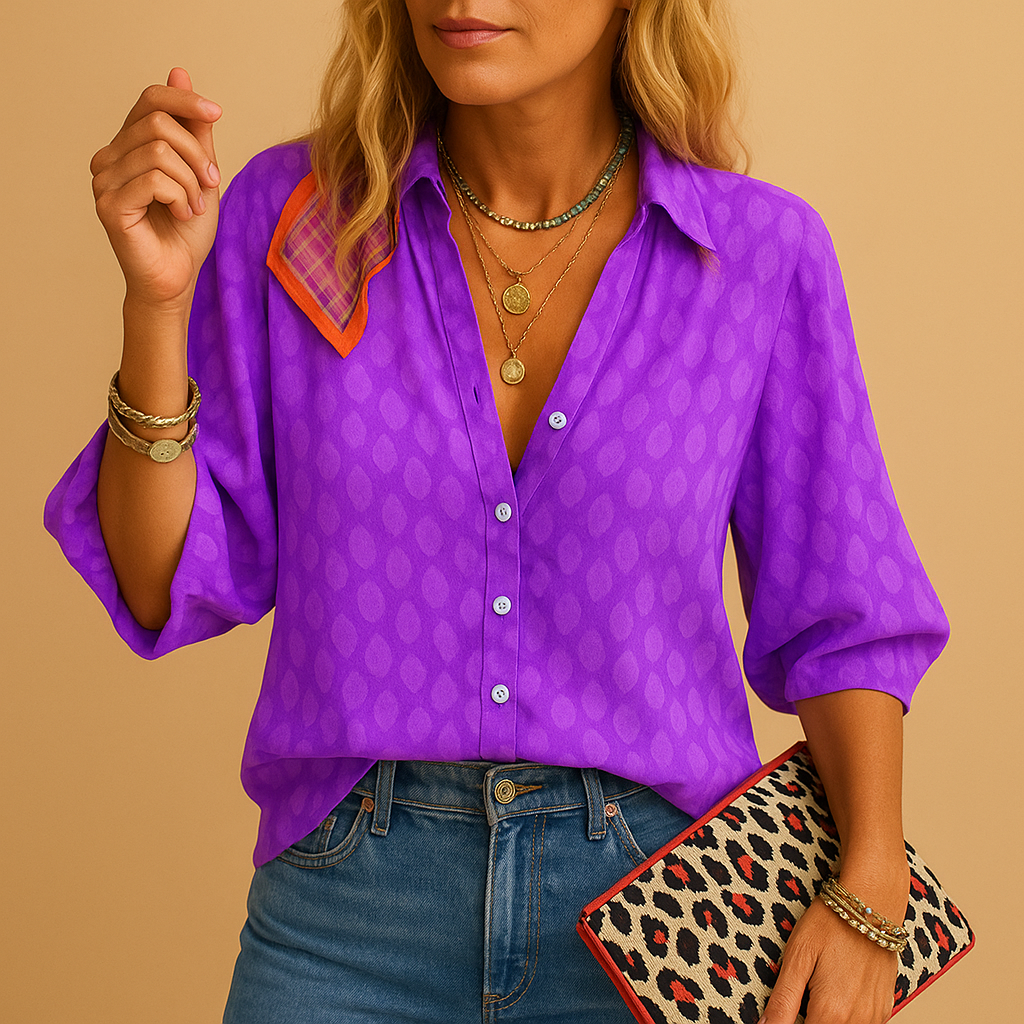 Casual elegant blouse for women with flattering feminine fit, ideal for spring and summer looks, brunches, and holiday outfits.