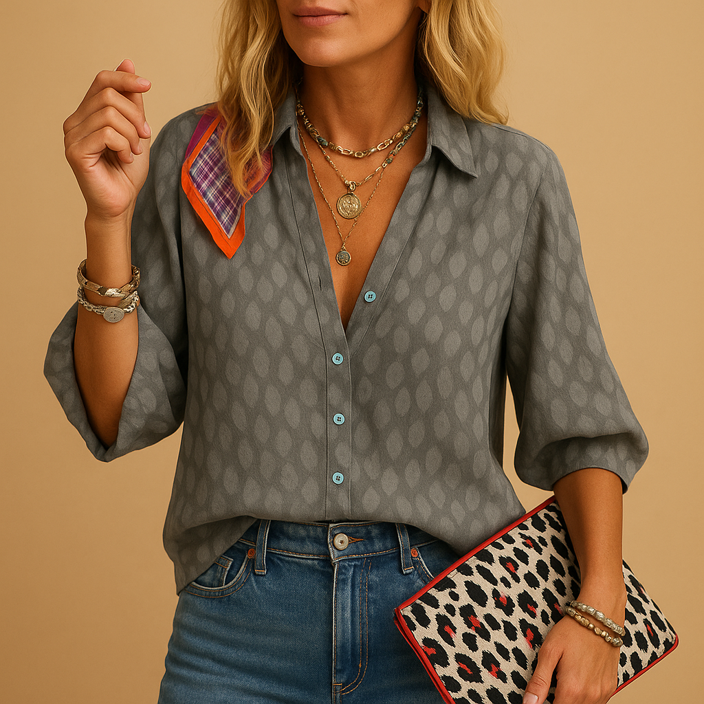 Casual elegant blouse for women with flattering feminine fit, ideal for spring and summer looks, brunches, and holiday outfits.