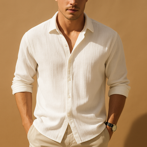 Casual long sleeve shirt for men with a stand collar and solid color design, ideal for daily wear, work, or semi-formal occasions.