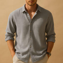Casual long sleeve shirt for men with a stand collar and solid color design, ideal for daily wear, work, or semi-formal occasions.