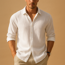 Casual long sleeve shirt for men with a stand collar and solid color design, ideal for daily wear, work, or semi-formal occasions.