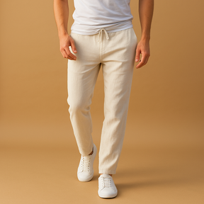 Casual men’s pants with elastic waistband and lightweight fabric, perfect for lounging, daily wear, or relaxed outings.