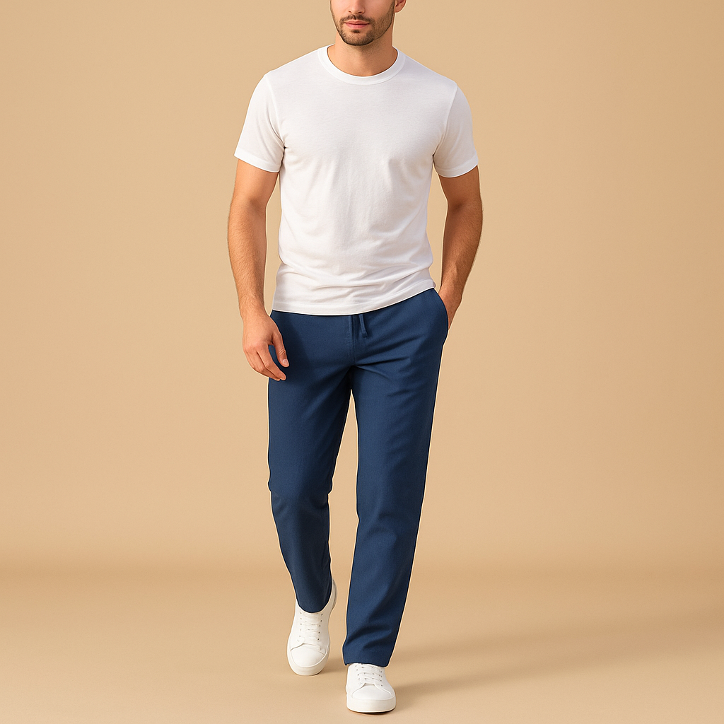 Casual men’s pants with elastic waistband and lightweight fabric, perfect for lounging, daily wear, or relaxed outings.