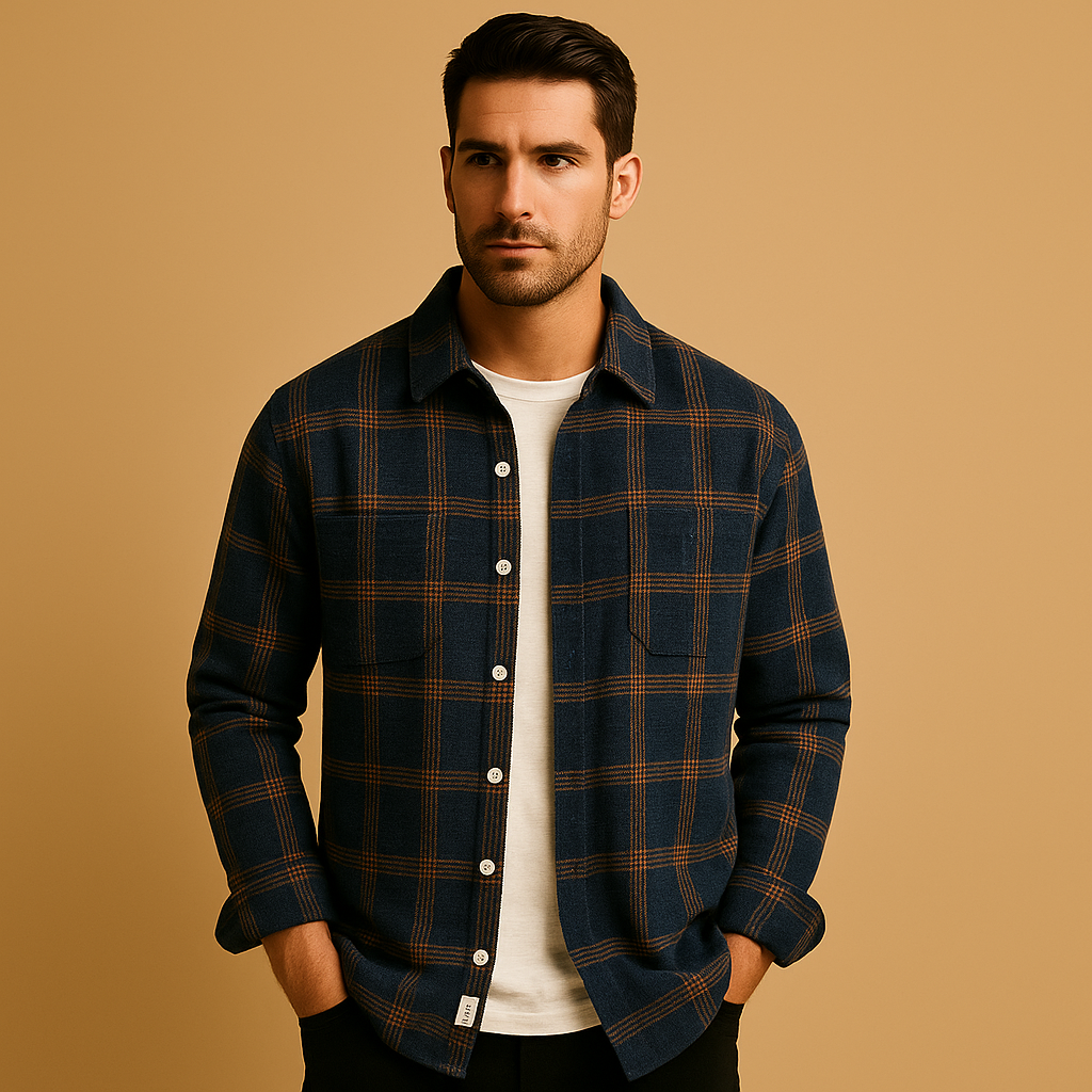 Men’s casual plaid button-up shirt with classic fold-down collar and comfortable fit, perfect for casual days and informal gatherings.