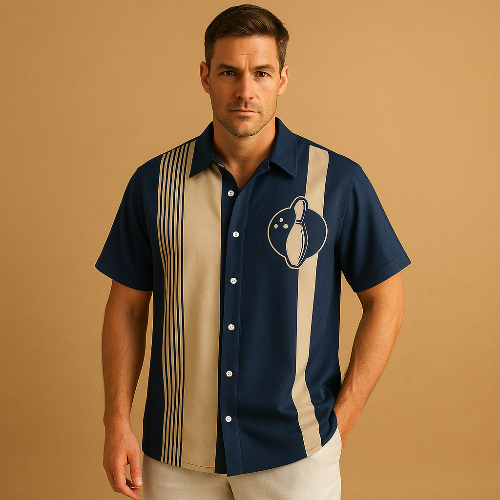 Men’s casual polo shirt with bowling print and breathable fit, available in blue, green, black, yellow/olive, and light blue.