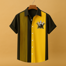 Men’s casual polo shirt with bowling print and breathable fit, available in blue, green, black, yellow/olive, and light blue.