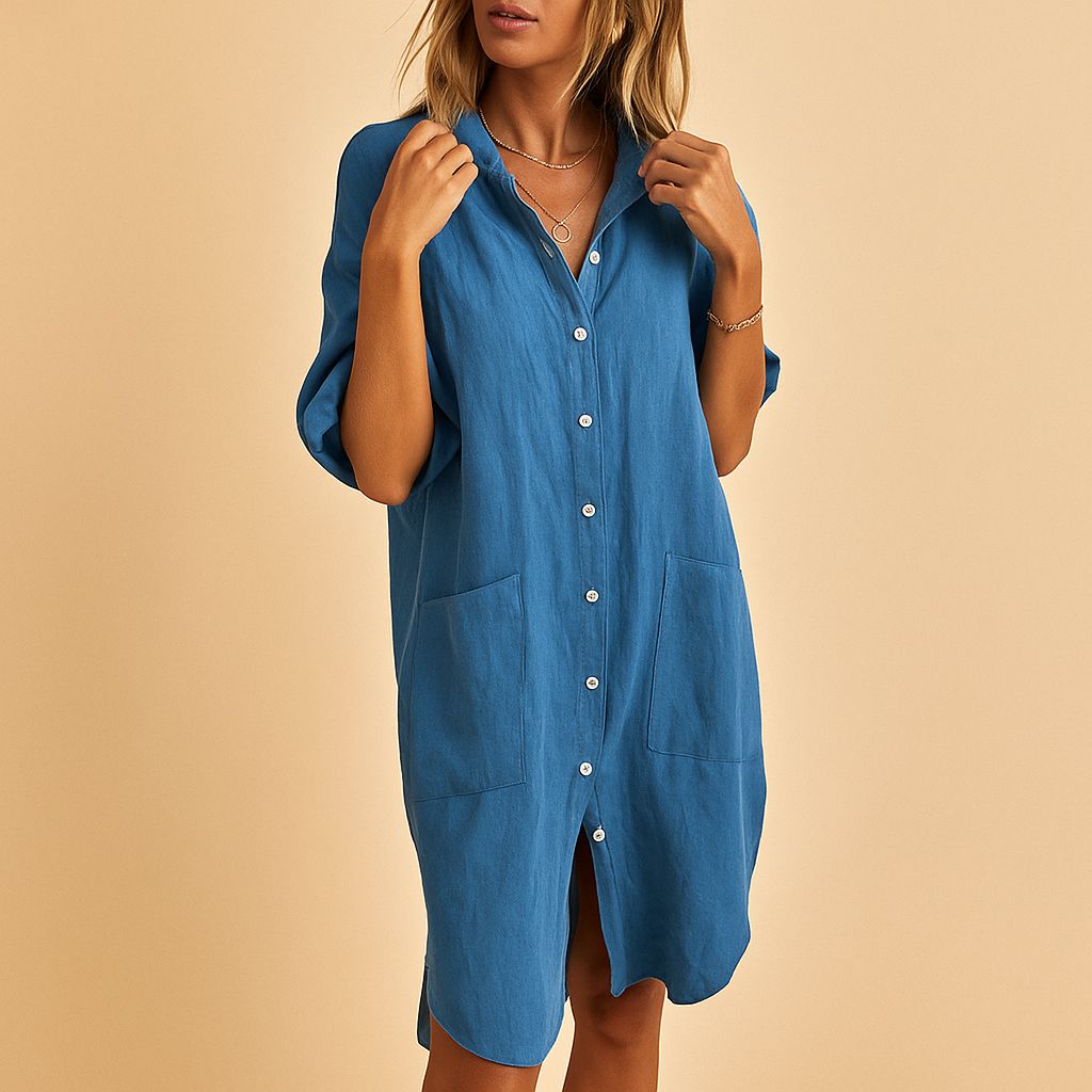 Casual shirt dress for women with button-down design and practical pockets, perfect for work, casual days, and laid-back evenings.
